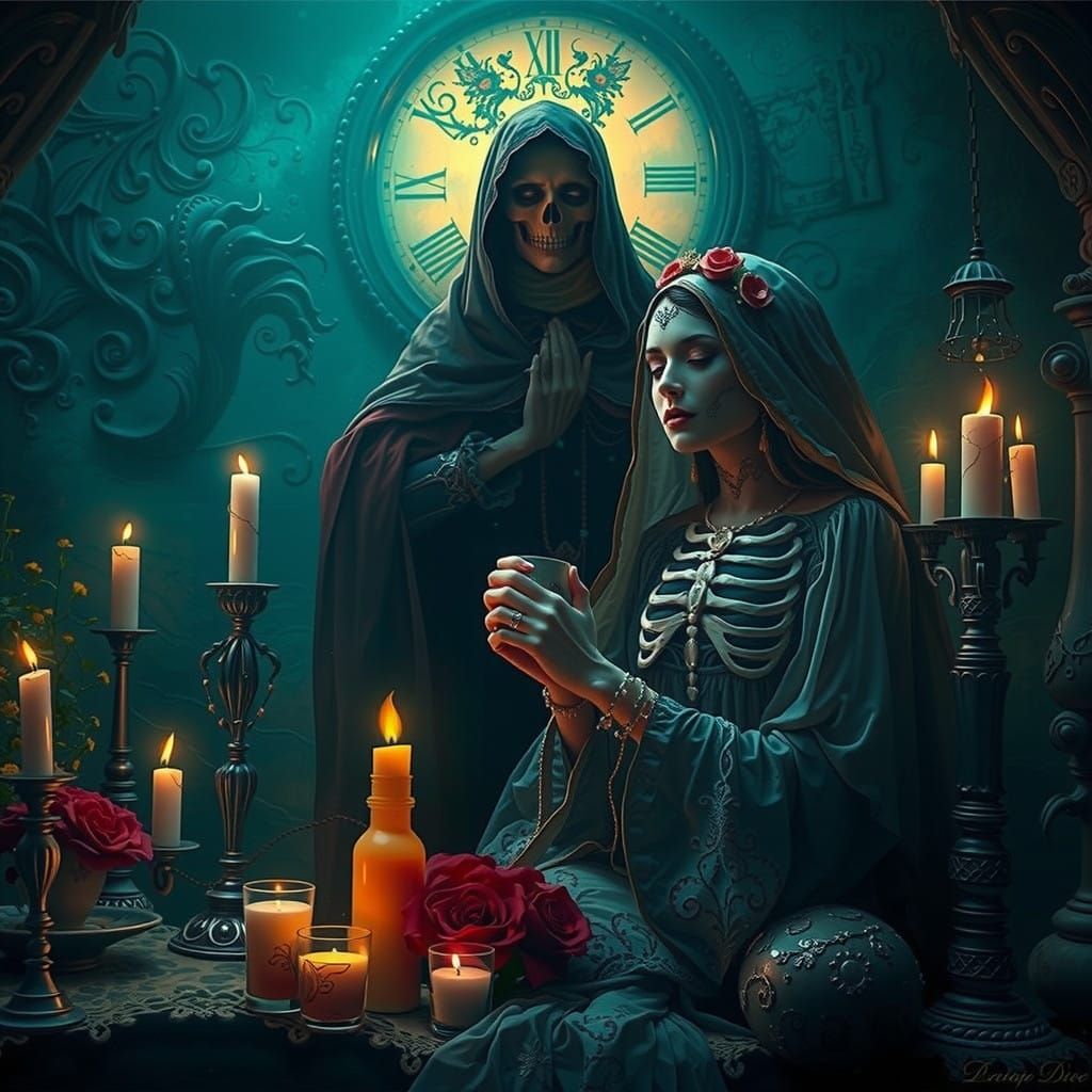 Surrealist Santa Muerte Sips Coffee in a Dreamscape of Melti...