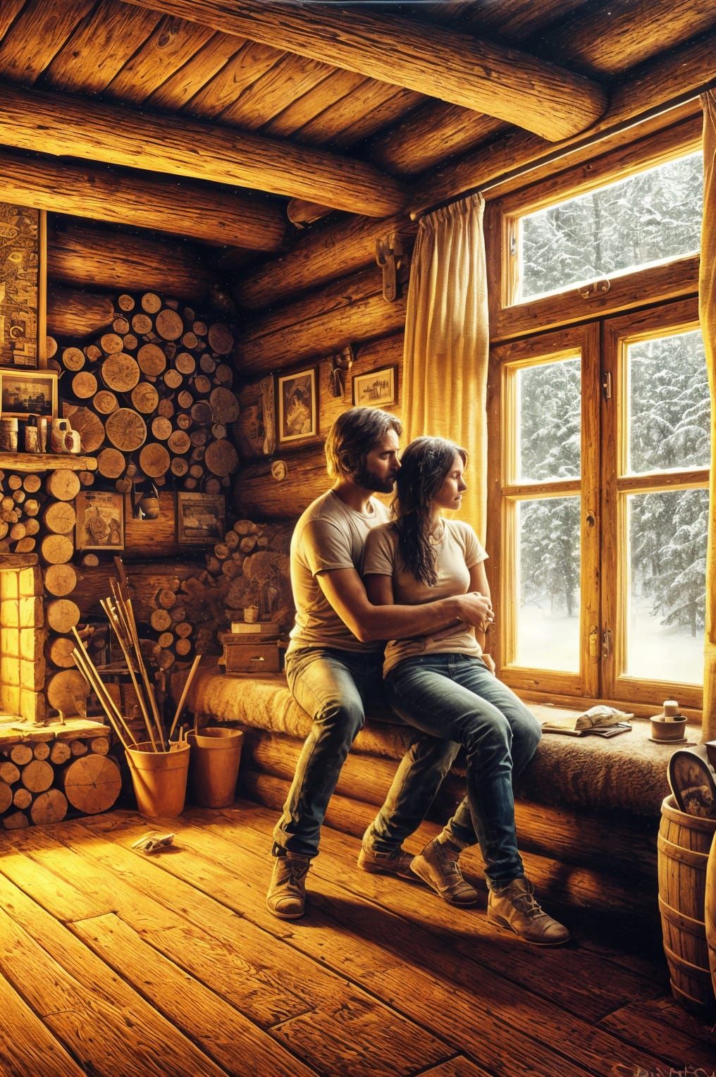 Cozy Cabin Embrace During Snowstorm, Acrylic Painting