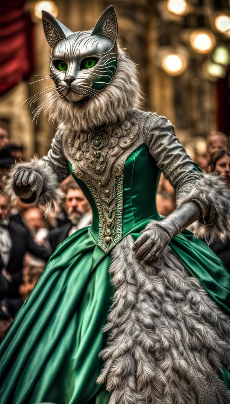 Cat Opera Singer in Silver Dress on Stage