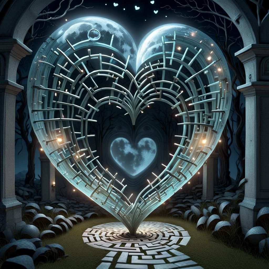 Ethereal Gothic Maze with Glass Heart in 3D