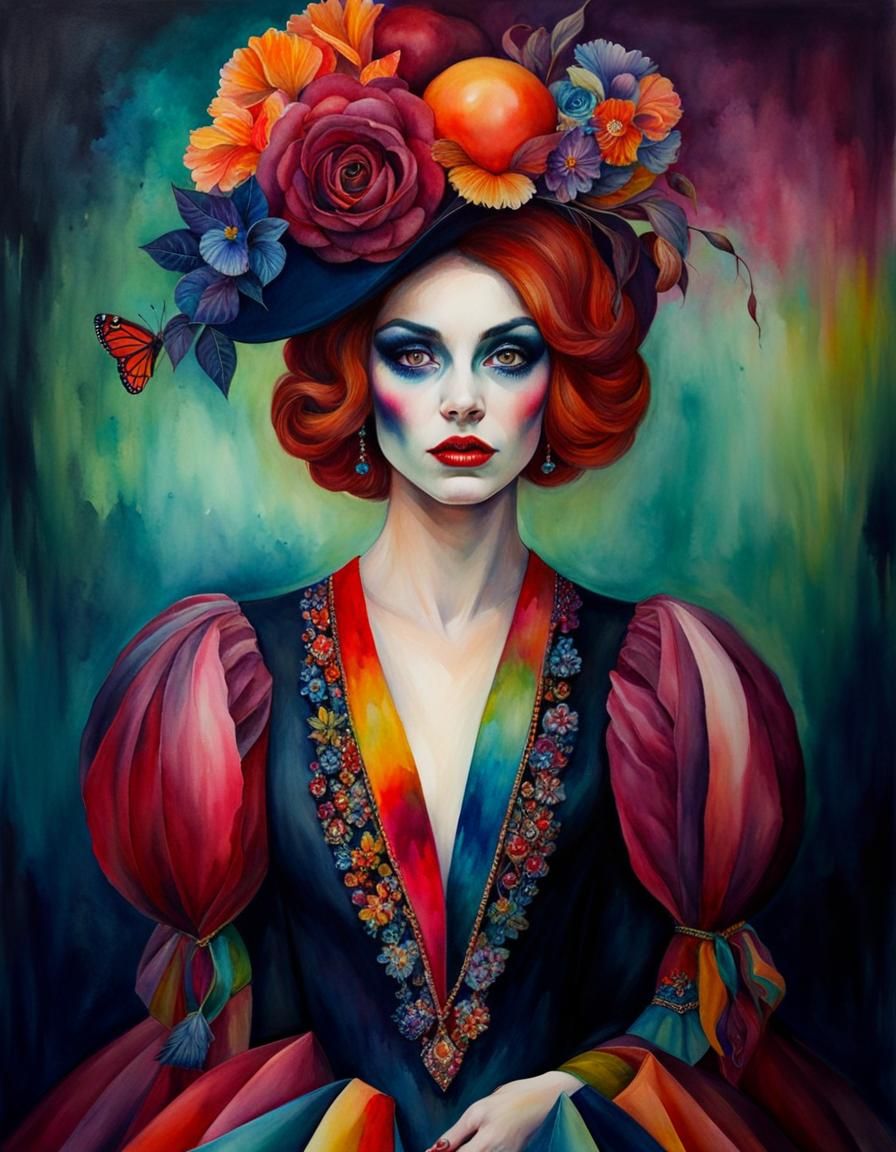 Whimsical Harlequin in Watercolor with Triadic Colors