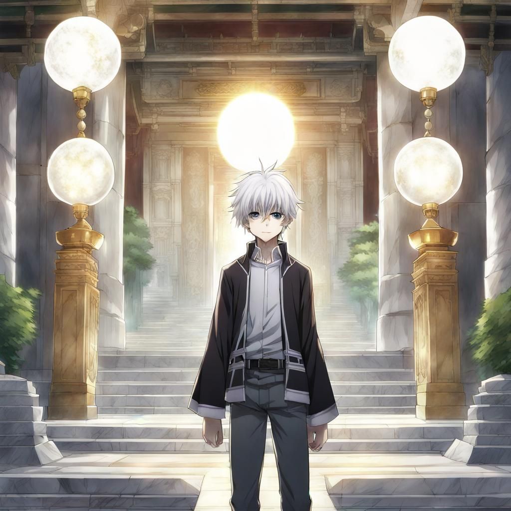 Anime Style Boy in Marble Temple with Light Orbs