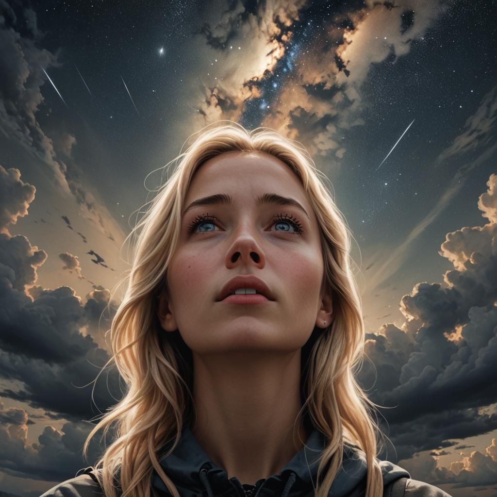 Blond Girl's Awe at V-Shaped Object in Sky