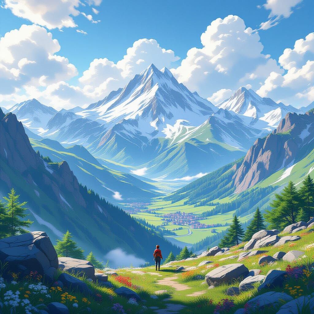 Vibrant Mountain Vista in Anime Impressionism