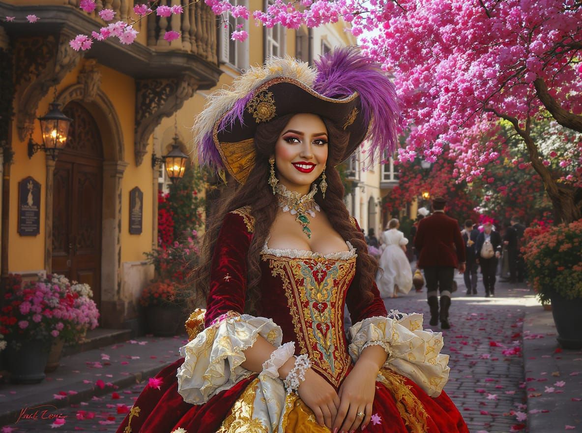 Baroque Woman in Ornate Cityscape: Matte Painting