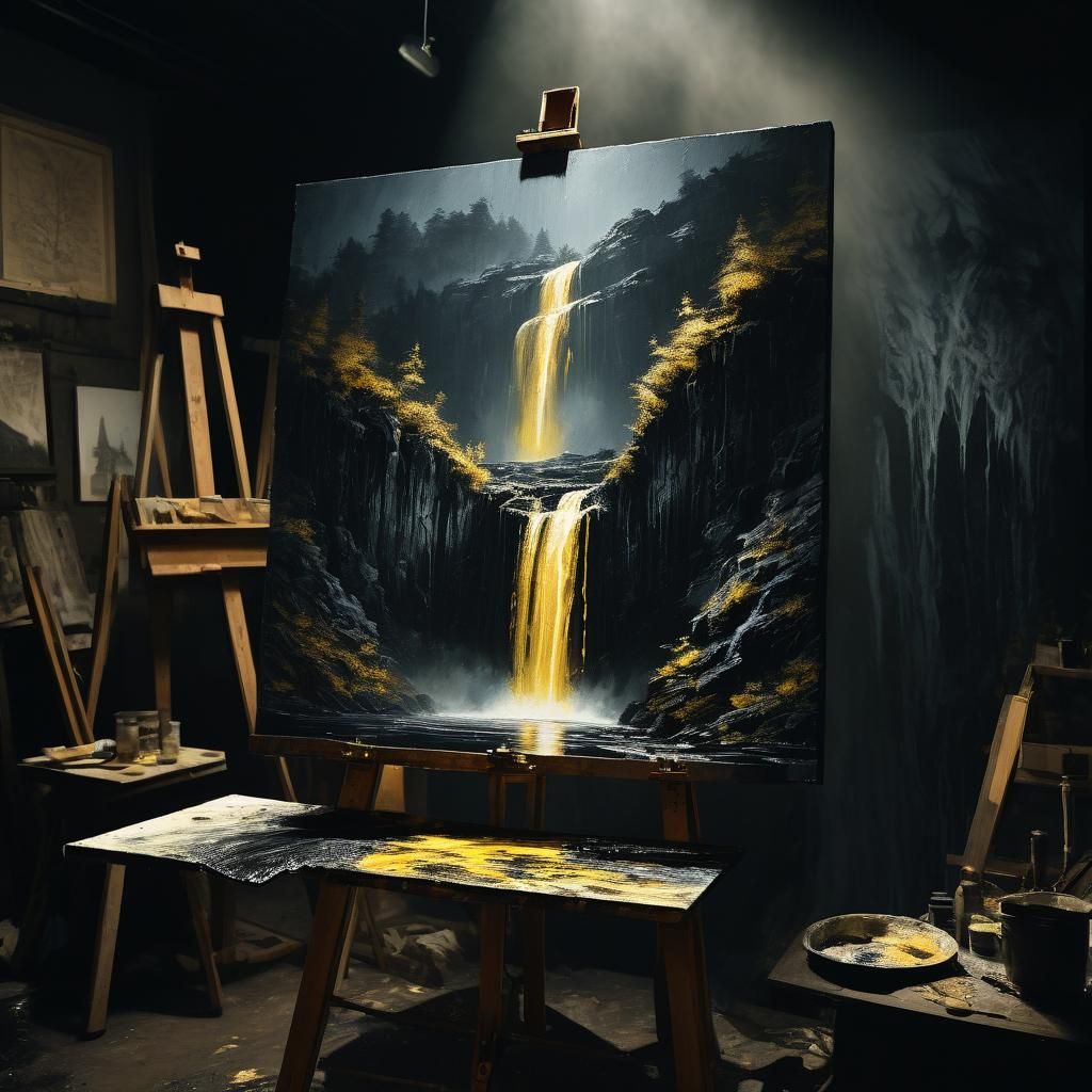 Dramatic Black Waterfall Painting with Golden Highlights