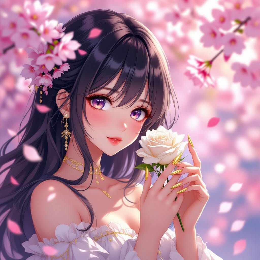 Anime Girl With Long Golden Nails Holds White Rose