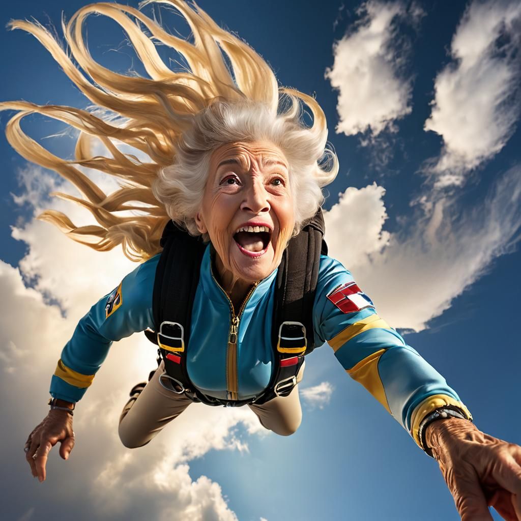 Joyful 96-Year-Old Woman Skydiving: Action Photography