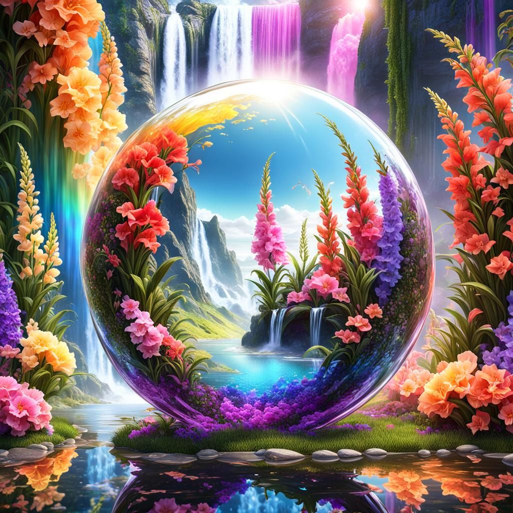 Mirror sphere, rainbow, waterfall, snapdragon flowers (variety of colors), gladiola flowers (variety of colors)