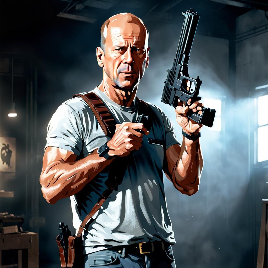 Bruce Willis Ghibli Style Die Hard Movie Poster