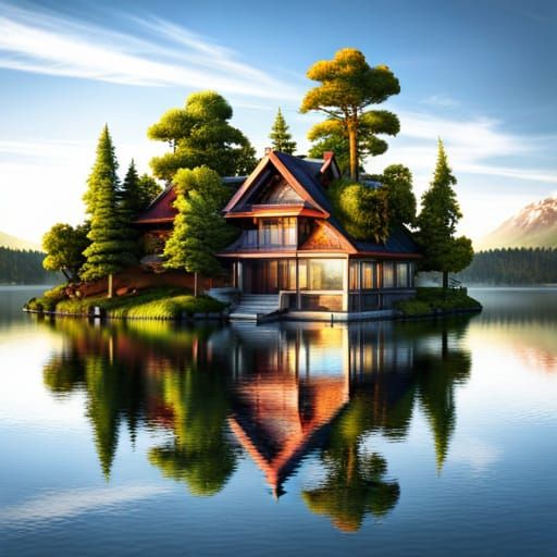 Chromepunk Cottage Reflecting in Lake with Fractal Details