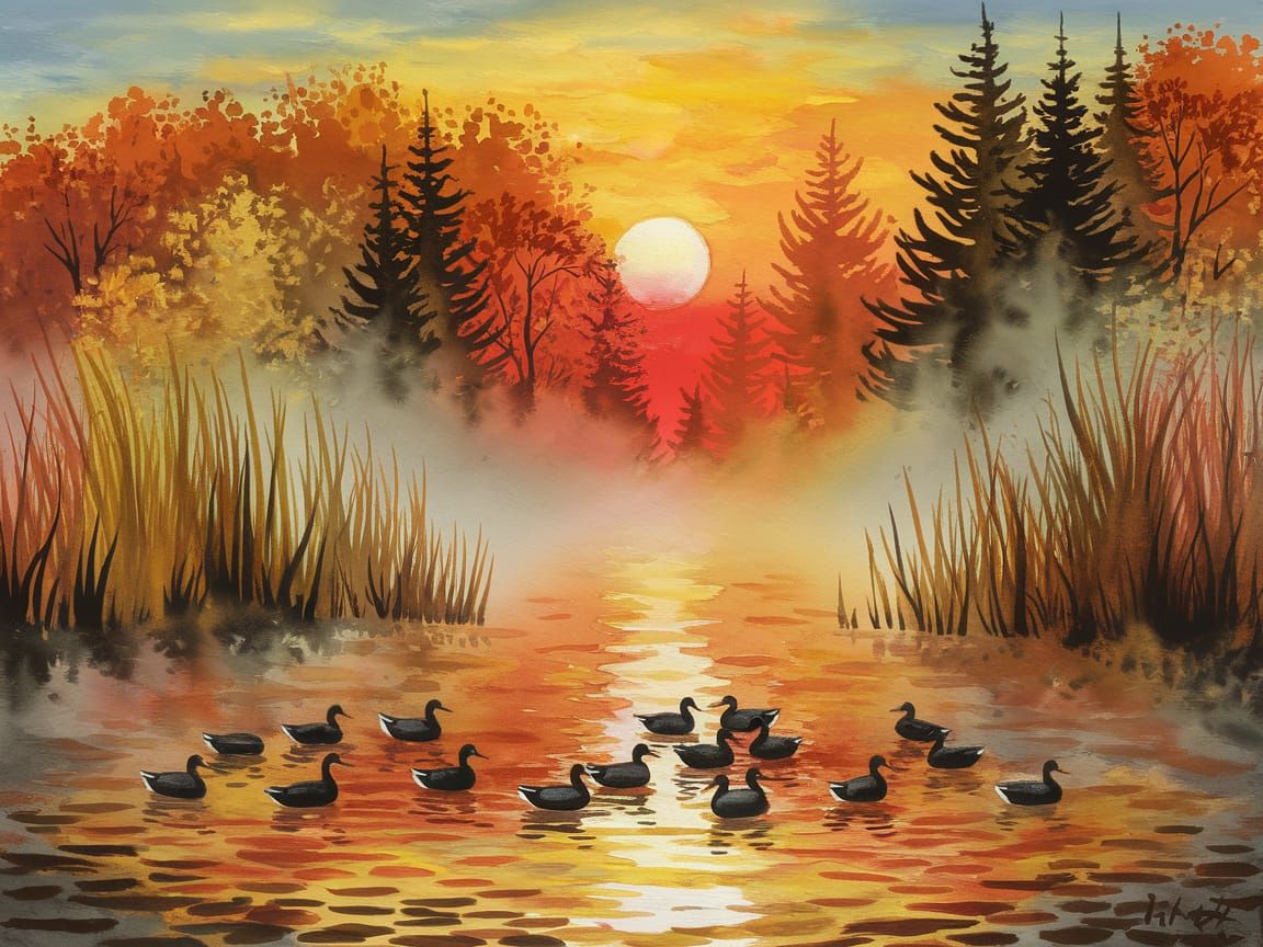 Rustic Sunrise Over Misty Fall Pond with Ducks