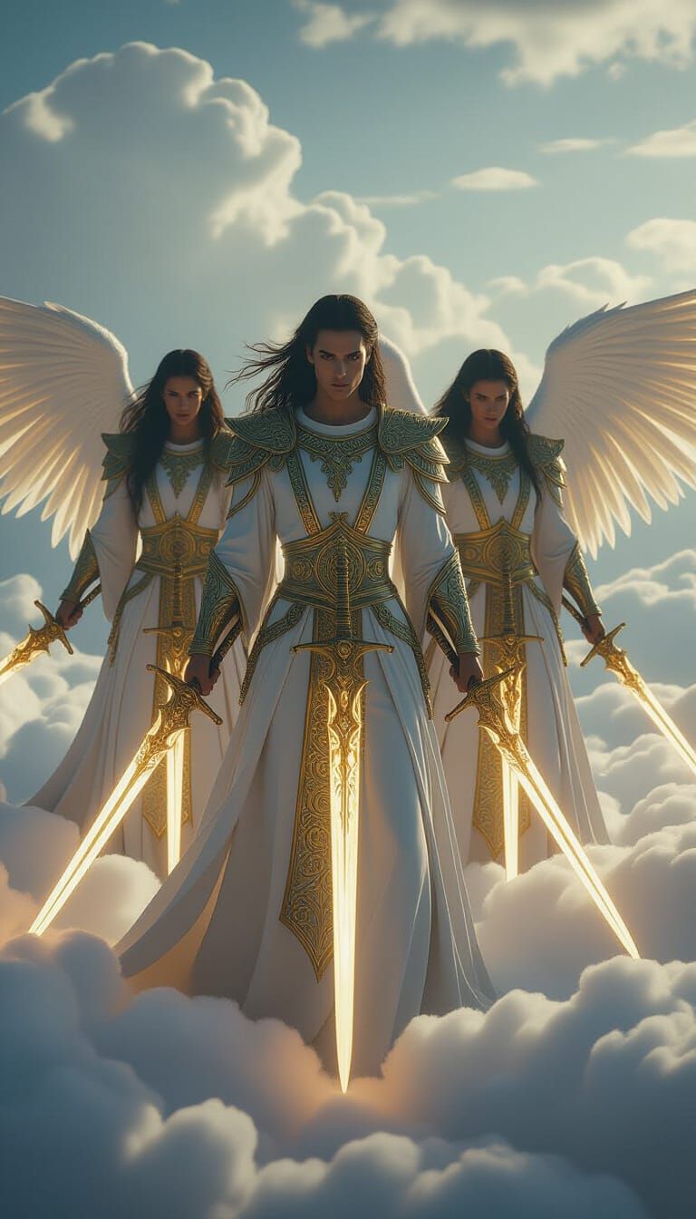 Fallen Angels with Glowing Swords on Clouds