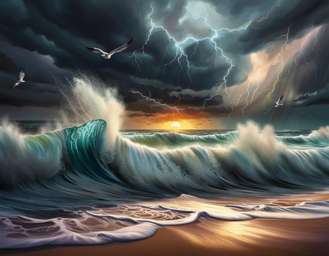 Stormy Ocean Waves Crashing: Impressionistic Digital Paintin...
