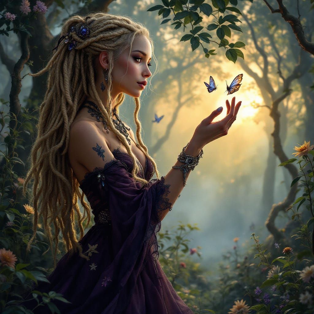 Whimsical Woods Sunset with Woman and Butterfly