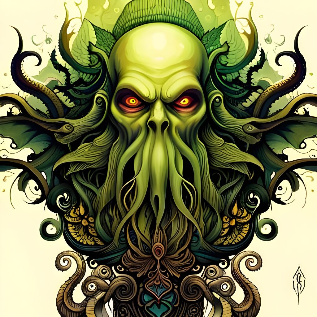 Terrifying Cthulhu with Glowing Eyes: Detailed Illustration