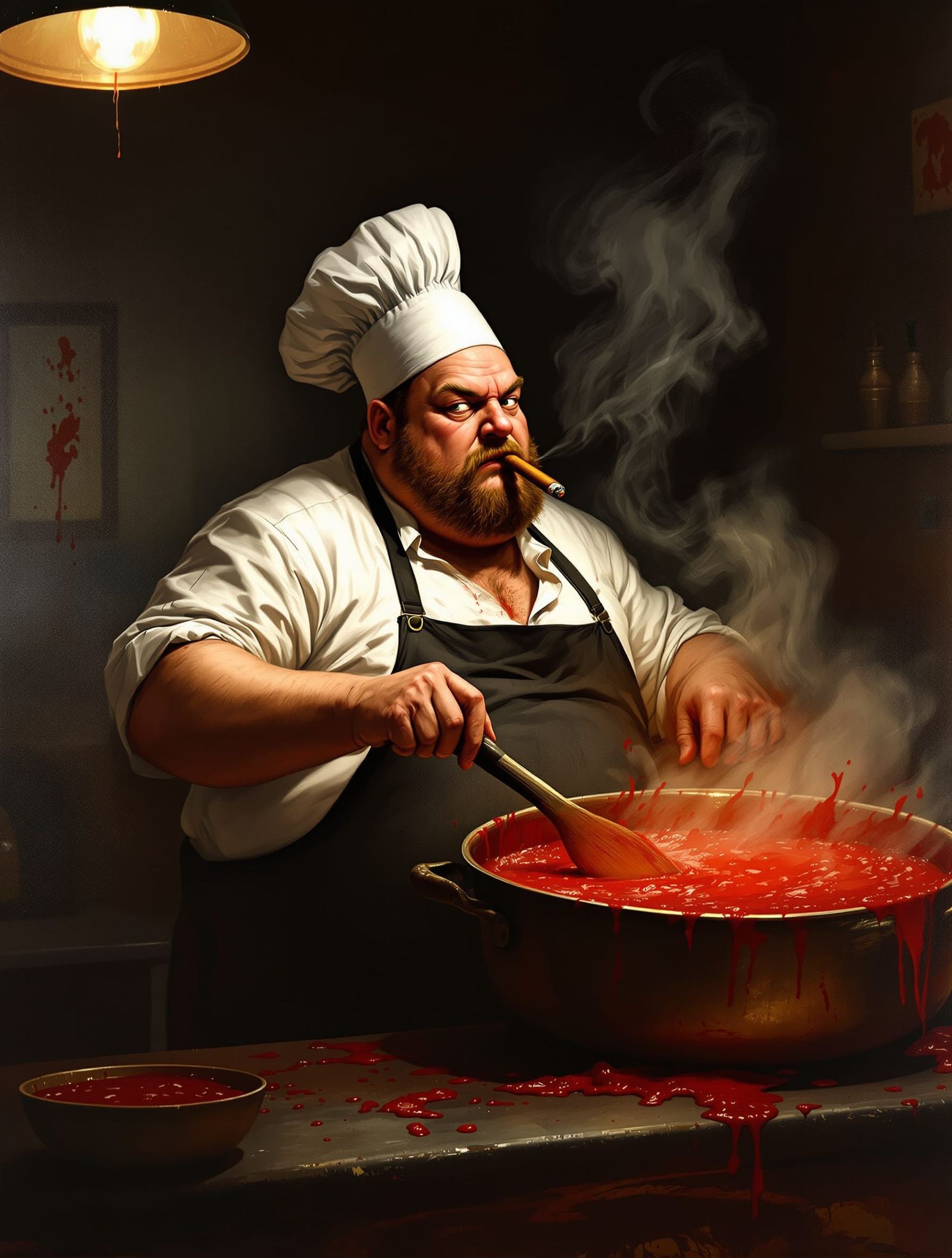 Gruff Chef Smoking Cigar in Moody Kitchen