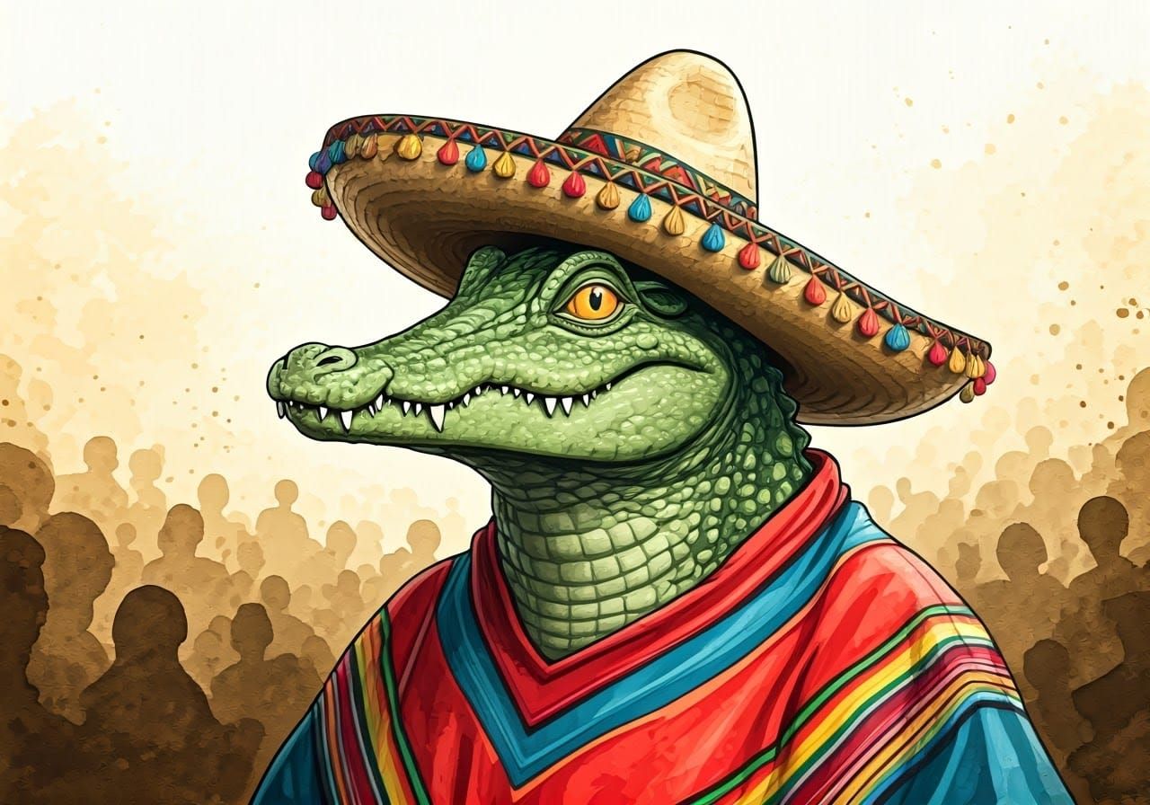 Crocodile Wresting Fan in Watercolor Style