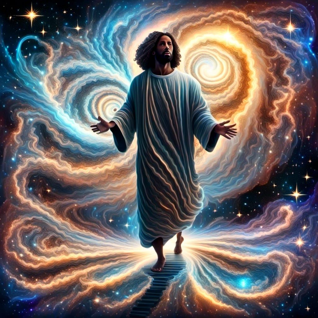 Black Jesus Walks with Heavenly Backdrop