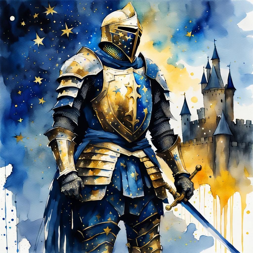 Golden Knight in Starry Sky: Watercolor Illustration