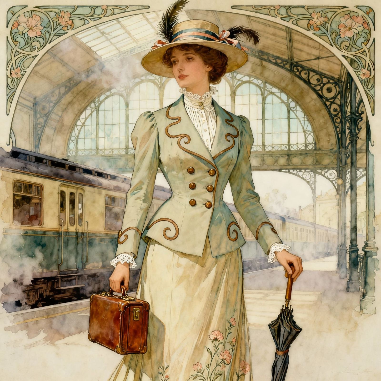 Art Nouveau Belle Époque Woman in Elegant Travel Attire