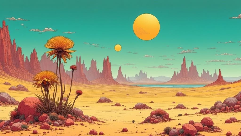 Surreal Desert Landscape with Alien Flora in Moebius Style