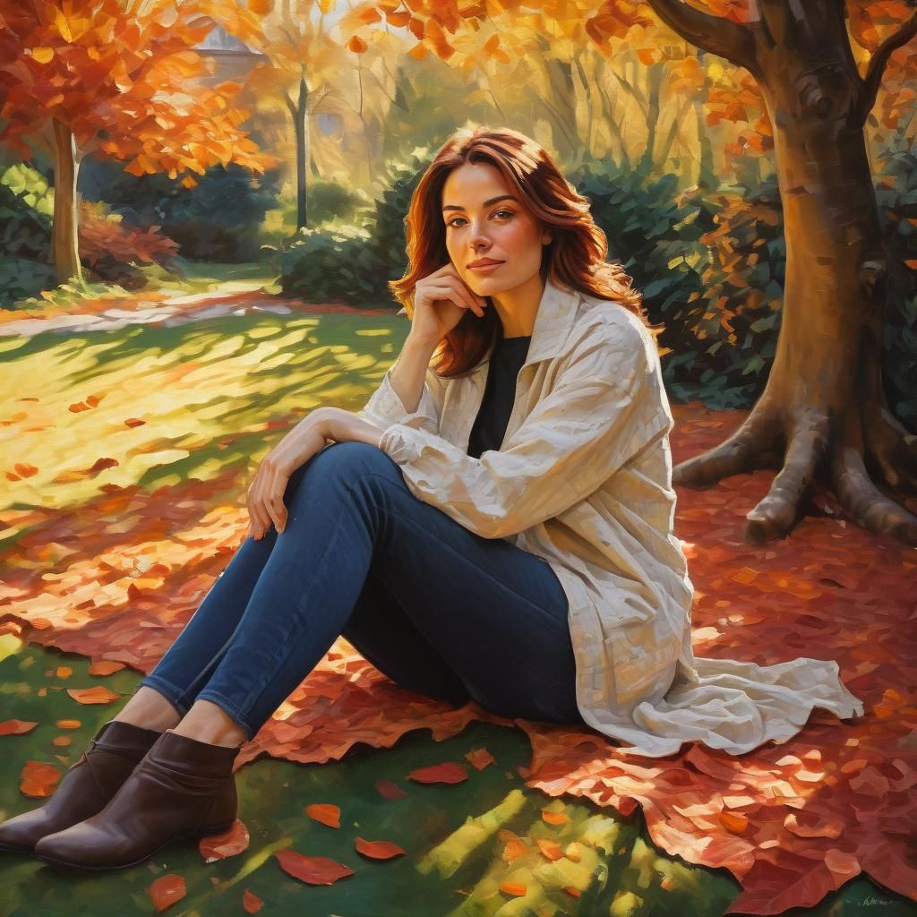 Woman in Sunny Autumn Garden, Impasto Oil Painting