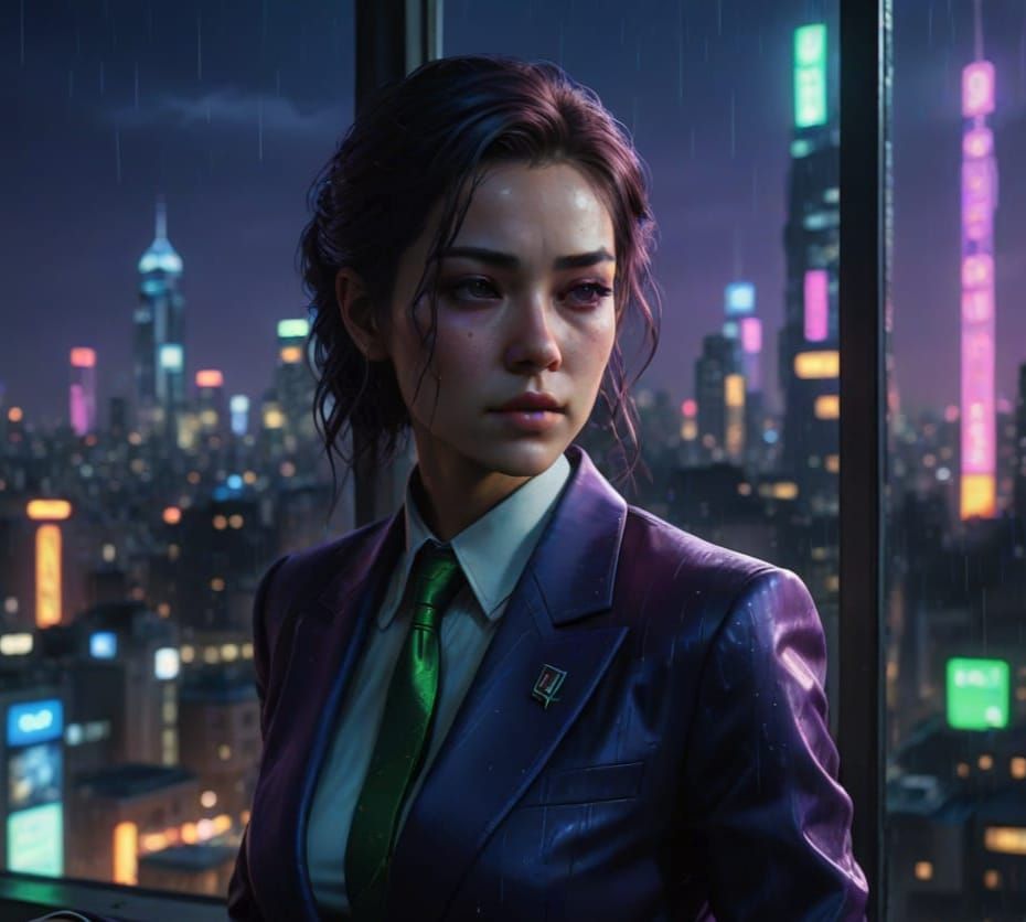 Surreal Cyberpunk Woman Amidst Cityscape Nightlife