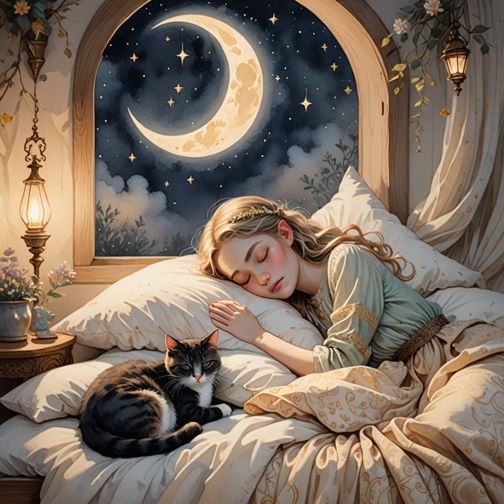 Little elven girl sleeping in her bed with her cat curled up...