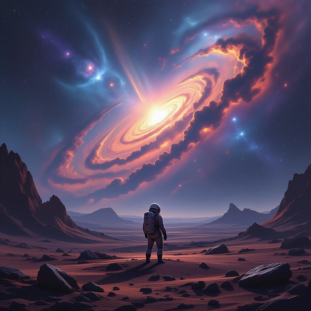 Astronaut Gazes at Cosmic Nebula on Alien Planet