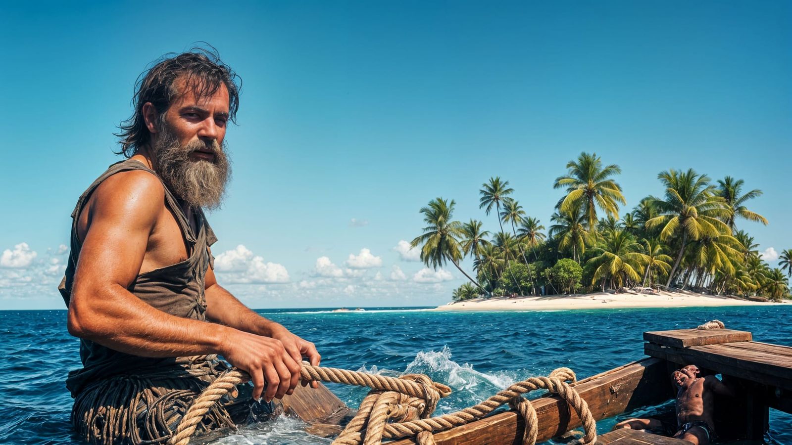 Shipwrecked Man Sights Island: Detailed 8k Resolution