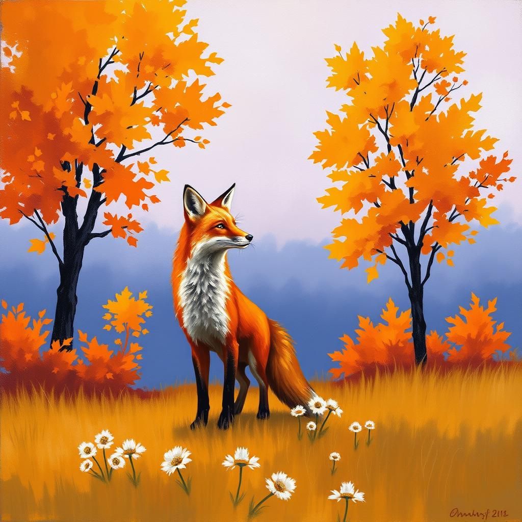 Fox in Autumn Meadow, Post-Impressionist Painting