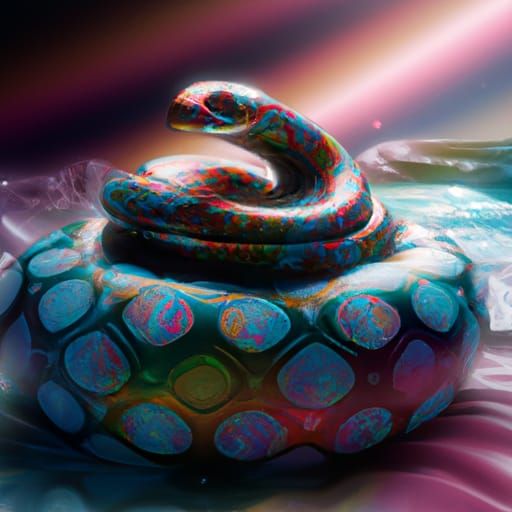 Iridescent Baby Snake on Cushion: Fantasy Art