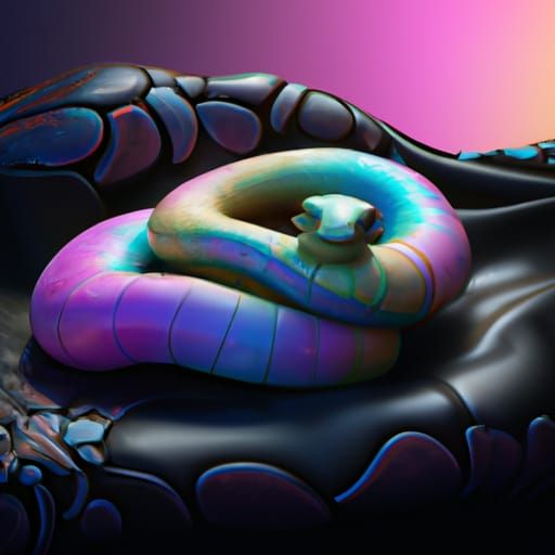 Iridescent Baby Snake on Cushion: 3D Digital Art