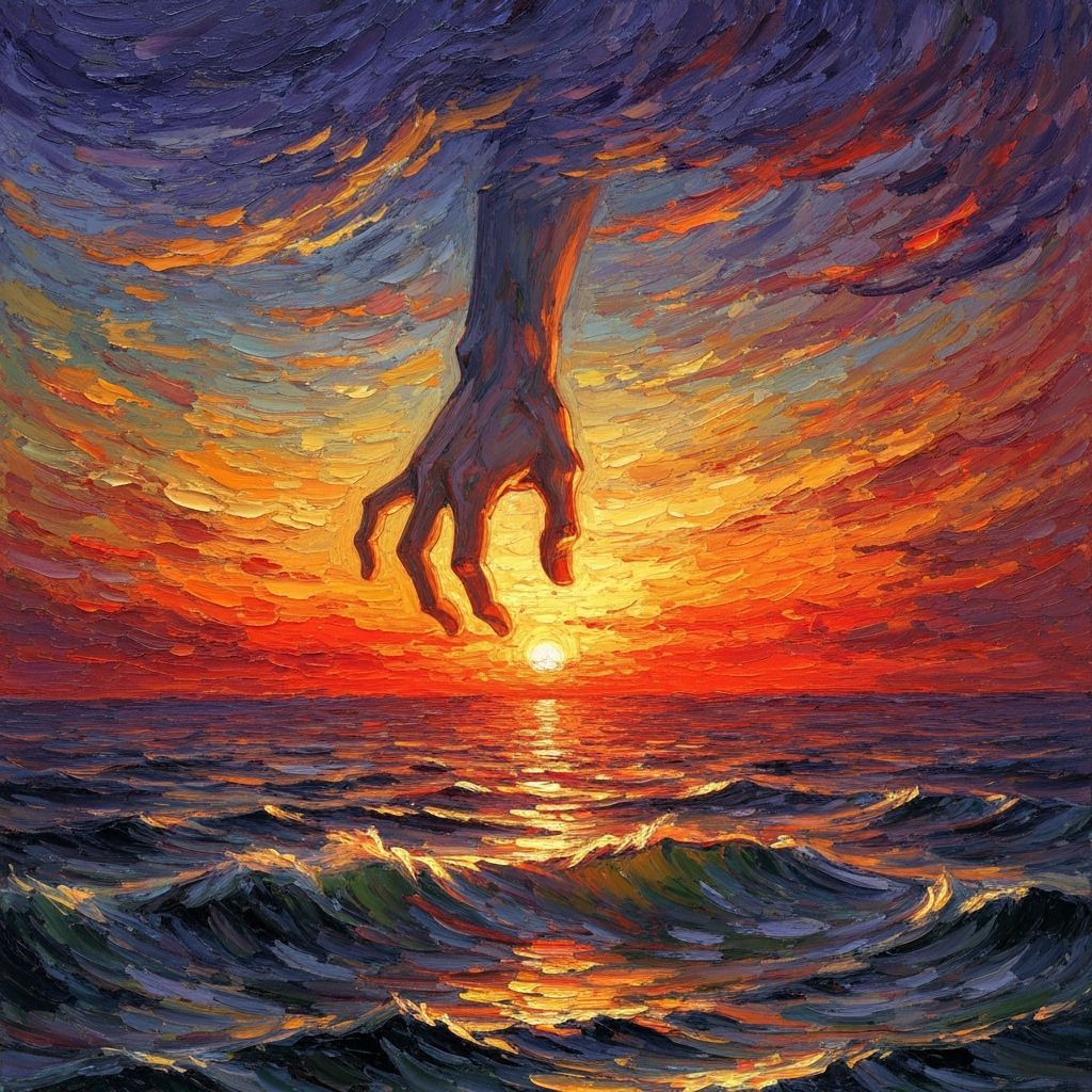 Ethereal Hand Grasping Sunset Over Turbulent Ocean