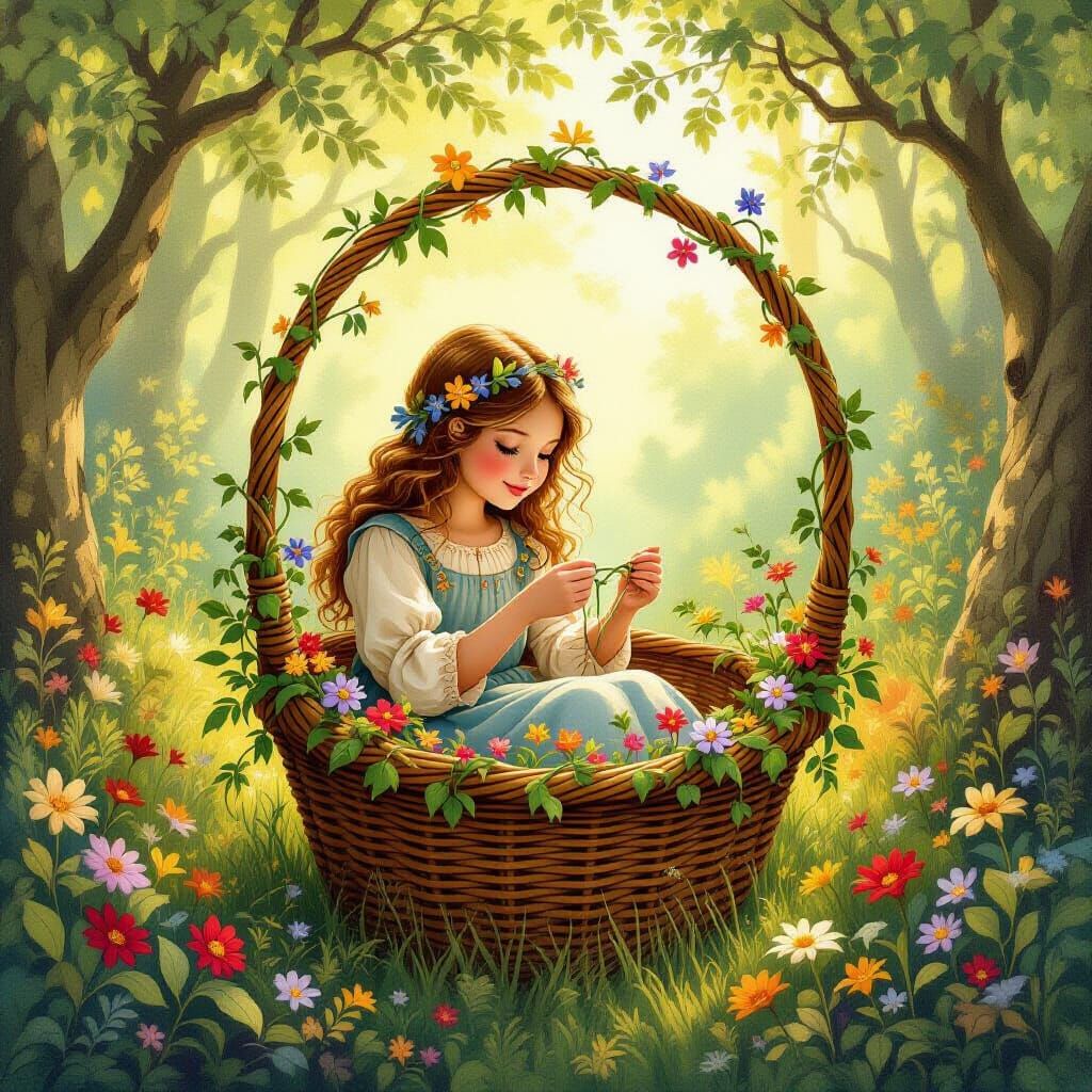 Enchanting Basket Weaver in Forest Scene