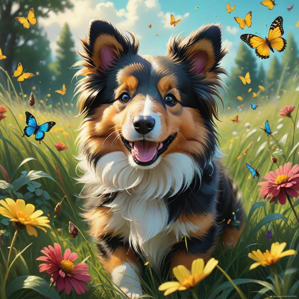 Fluffy Sheltie Puppy in Flower Field