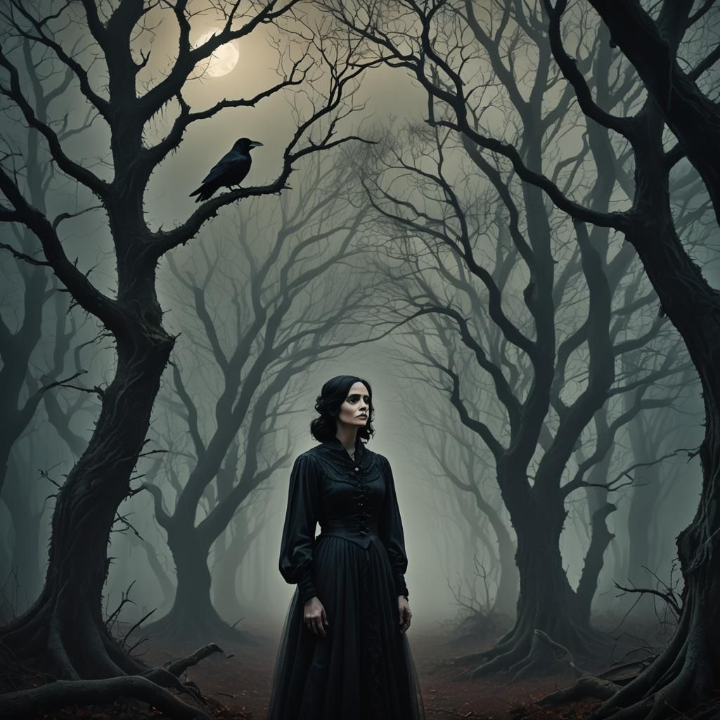 Mysterious Raven-Haired Woman in Misty Forest