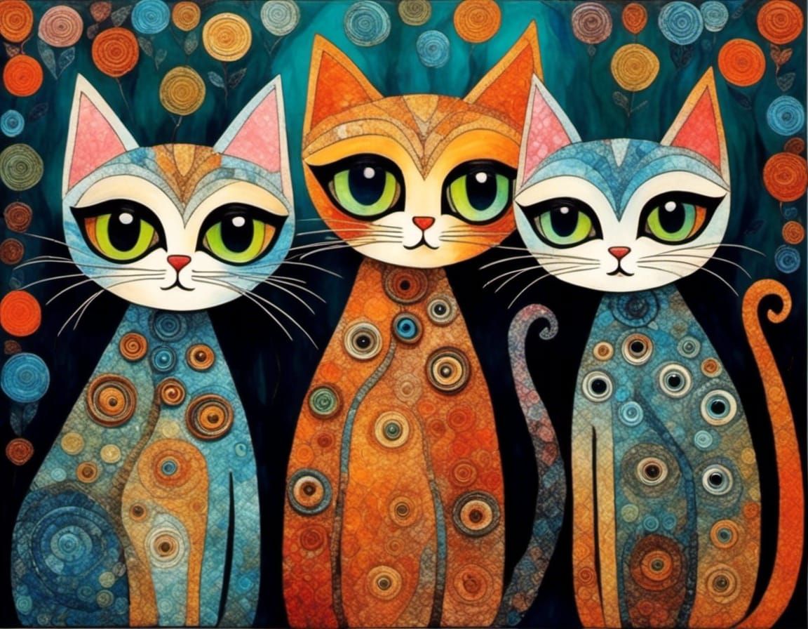 Three Cats in Art Brut Style