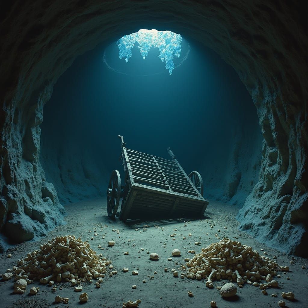 Mysterious, Dreamlike Cave with Shattered Wooden Cart in a H...