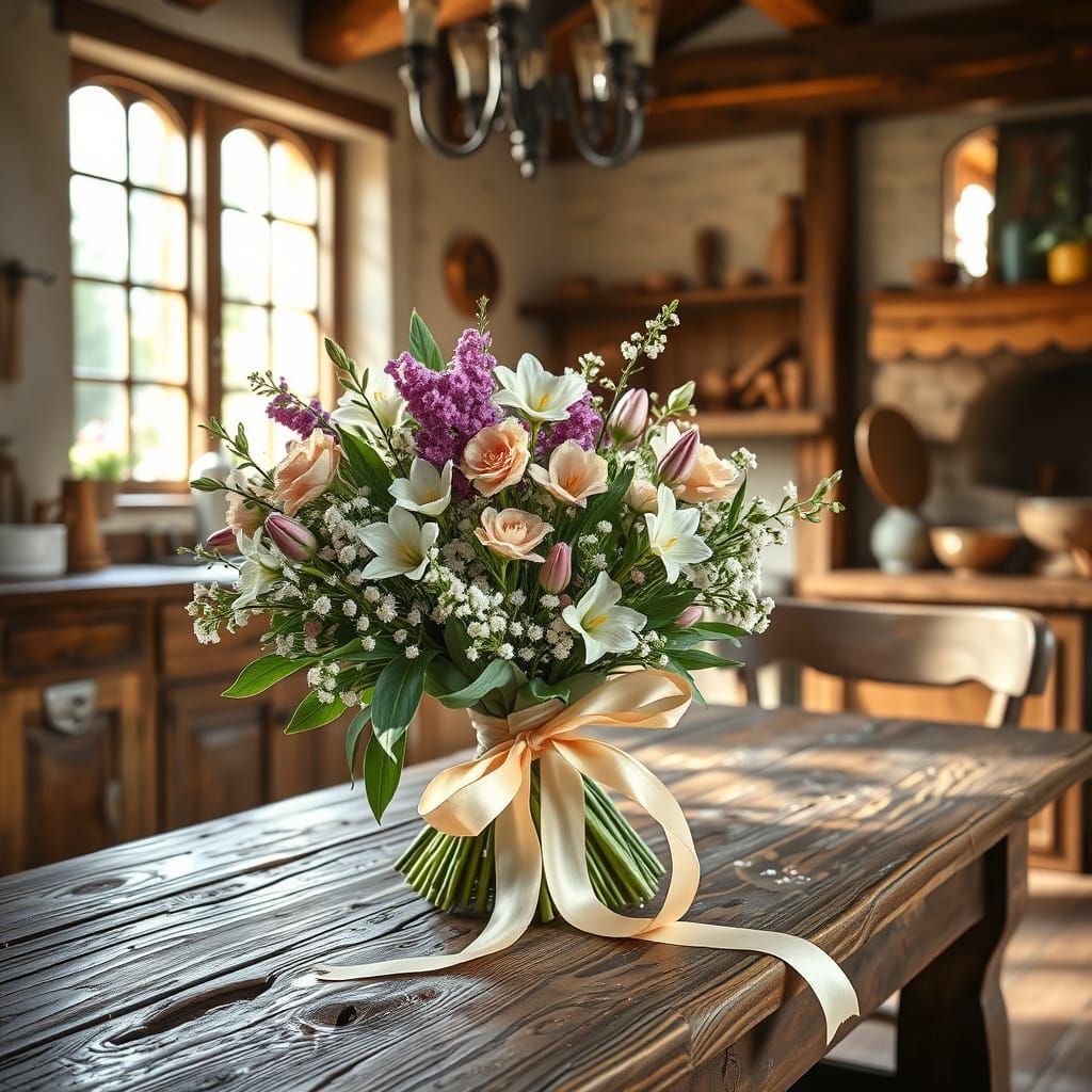 Spring Bouquet in Medieval Kitchen, Botanical Art