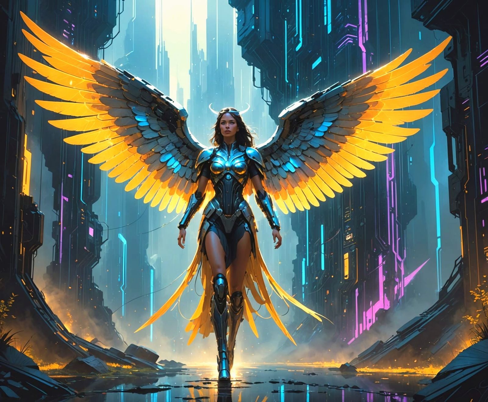 Futuristic Angel with Glowing Code Wings