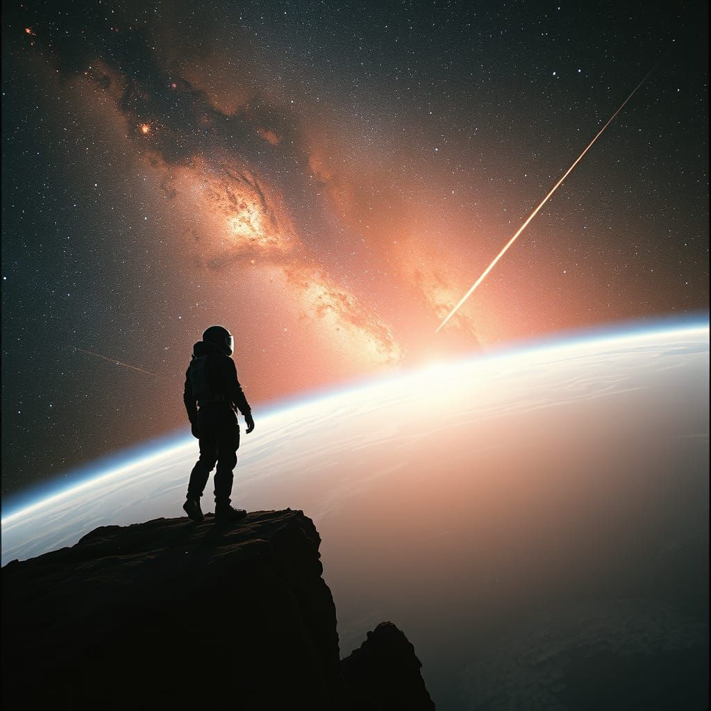 Astronaut Gazing at Galaxy with Cosmic Storms