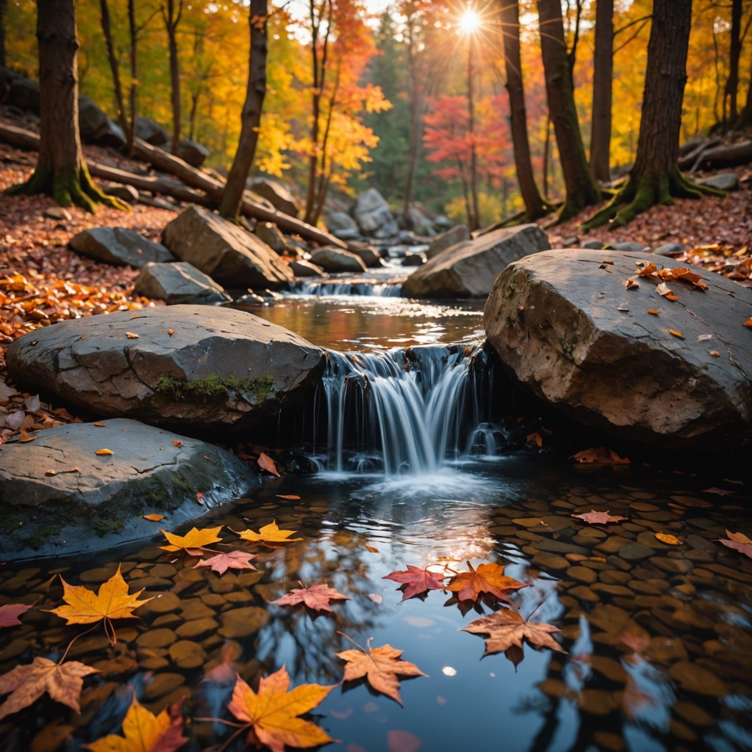 Autumn Sunset Over Clear Pool with Flowing Water