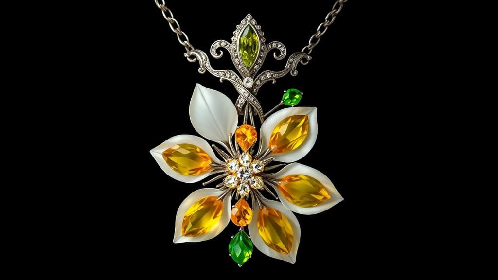 Ornate Edelweiss Necklace with Topaz and Diamonds