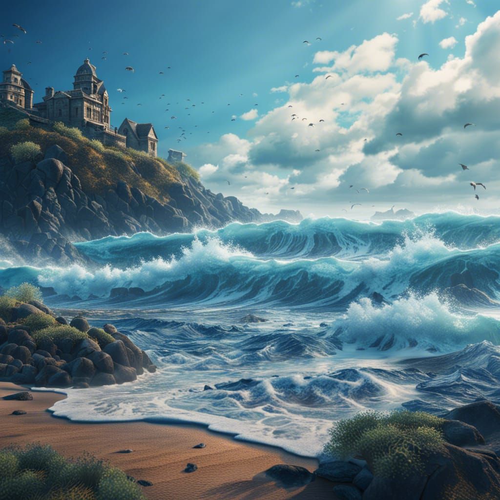 Ocean Waves Under Blue Sky: Matte Painting