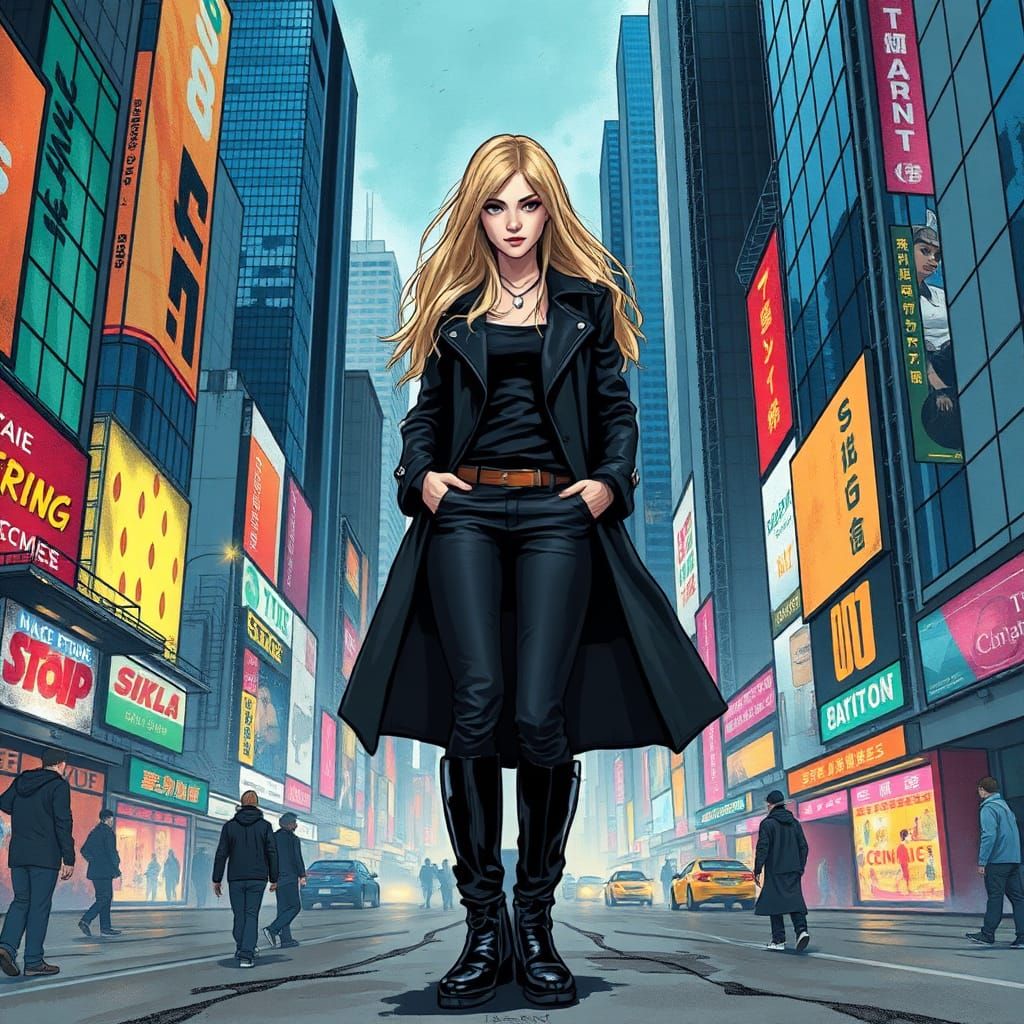 Blonde Woman in Cityscape, Fiona Staples Style