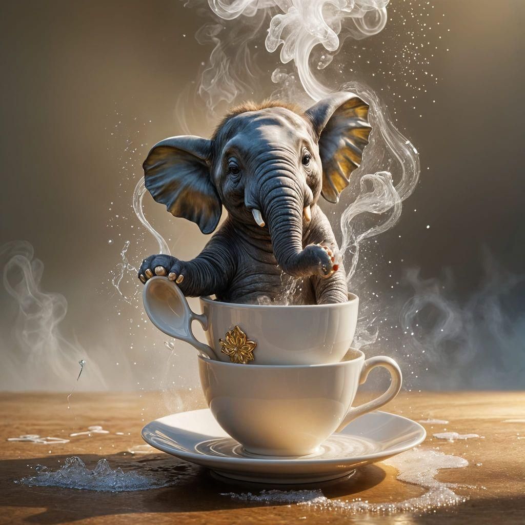 Anthropomorphic Elephant Bathes in Teacup: Digital Art