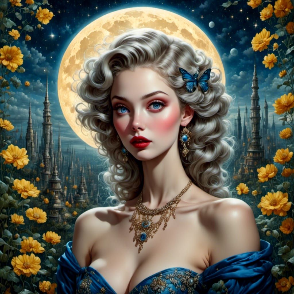 Beautiful Princess Under Starlight in Pop Surrealism