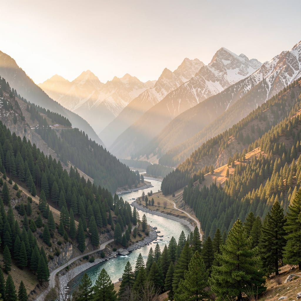 Kashmiri Mountains at Dawn: Snow-Dusted Peaks and Pine Fores...